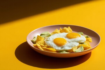 Sunny-side eggs atop crispy nachos, vibrant brunch delight, celebrating National Nachos Day with sunlit zest and golden indulgence