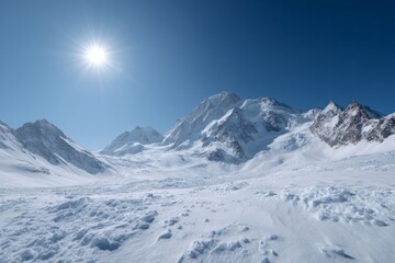 Fototapeta premium Pristine alpine snowscape basking under iridescent sun, evoking Winter Solstice serenity and Alpine skiing escapades, untouched wilderness allure