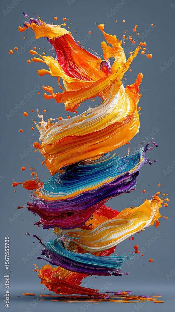 Poster Vibrant Abstract Painting with Bright Swirls of Color on Gray Background Showing Dynamic Motion and Artistic Expression in Fine Art