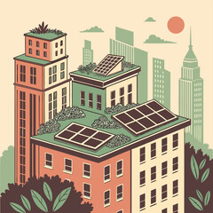 Illustration of city buildings with solar panels and green roofs against a skyline and sun disc