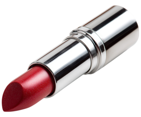 A glamorous red lipstick with a shimmering finish, elegantly presented in a silver metallic case. The lipstick isisolated on transparent background, highlighting its rich color and luxurious packagi