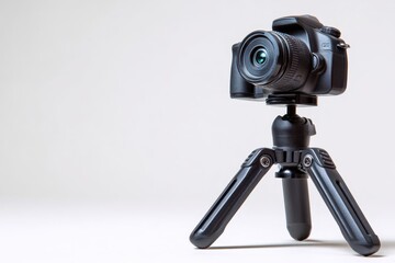 Black camera on tripod, isolated on white