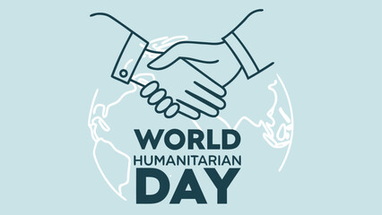 Global cooperation: A minimalist line art illustration depicting a handshake over a world map, symbolizing international humanitarian aid and collaboration for World Humanitarian Day.