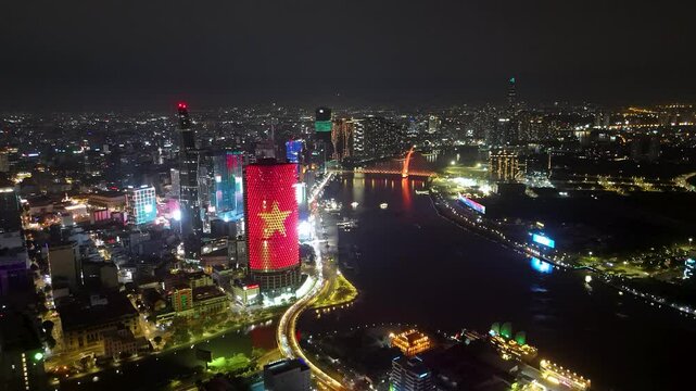 Cinematic Aerial Views of Ho Chi Minh City Vietnam &ndash; Nightlife and Urban Skyline