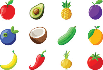 Colorful and stylish fruits vector illustration set or collection, High quality variety style fruits vector graphics icon design, banana, chili pepper, avocado, blueberry, apple and other