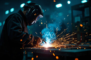 Close-up of industrial welder at work creating bright electric sparks while fusing metal in a modern fabrication workshop with protective gear, cinematic lighting, and intense manual precision