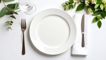 Elegant place setting with white plate, cutlery, napkin, greenery and wine glass