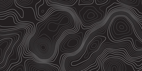 A minimalist, abstract background featuring a topographical map pattern. Thin, flowing contour lines in shades of light grey and white undulate across a dark, solid grey or black canvas.