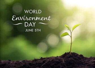 This image captures the essence of World Environment Day on June 5th, featuring a young green plant sprouting from rich, dark soil against a blurred, natural green background with bokeh light effects.