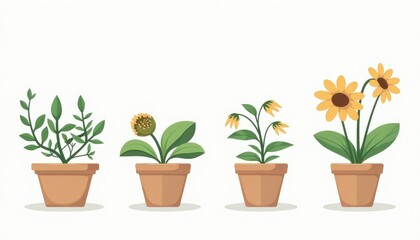 Obraz premium Flowering plants in terracotta pots, showcasing growth stages.