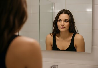 Young woman gazing at her reflection in bathroom mirror