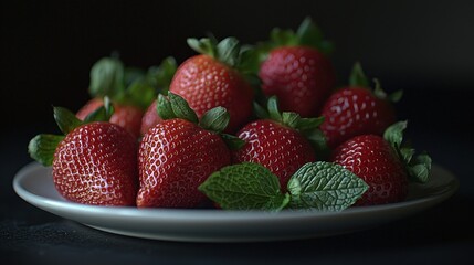 Fresh strawberries on a plate with mint leaves