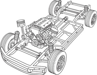 Chalkboard style illustration of a car chassis with engine and suspension components.