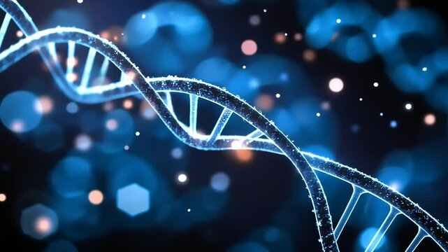 Abstract representation of DNA structure with glowing blue strands against a dark, bokeh background - Powered by Adobe