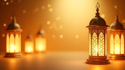 Elegant Islamic Lanterns Hanging in Warm Glowing Light with Rose Petals