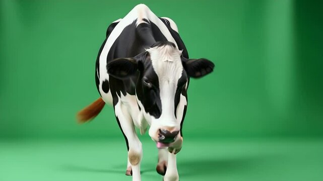Cow in Green Studio: Captivating image of a Holstein Friesian cow, its striking black and white patterned coat stands out against the simplicity of a green backdrop, exuding rural charm and farm life.