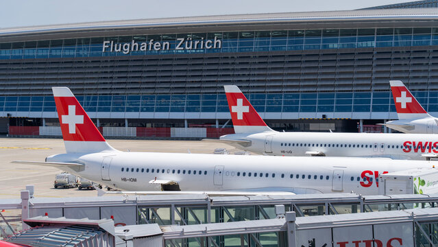 Zurich, Switzerland. The ZRH Zurich international airport. View of the main building and gates