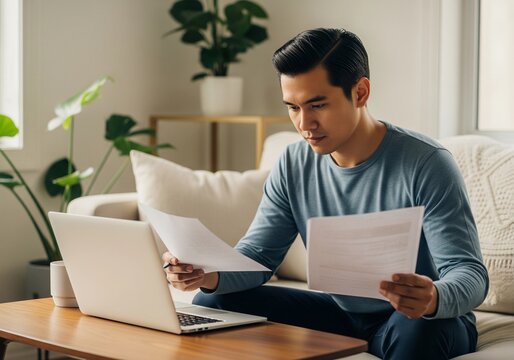 Asian man works from home on laptop reviewing paperwork for business finance and online banking on sofa.