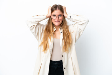 Young blonde woman isolated on white background doing nervous gesture