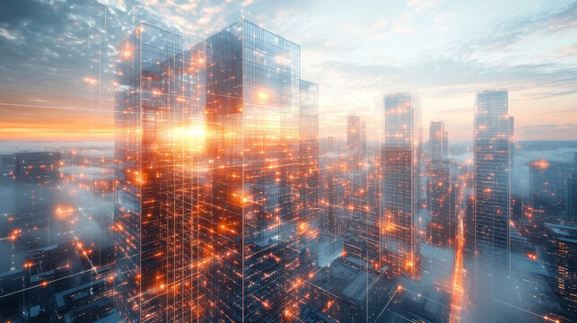 City skyline and AI big data interconnected technology background