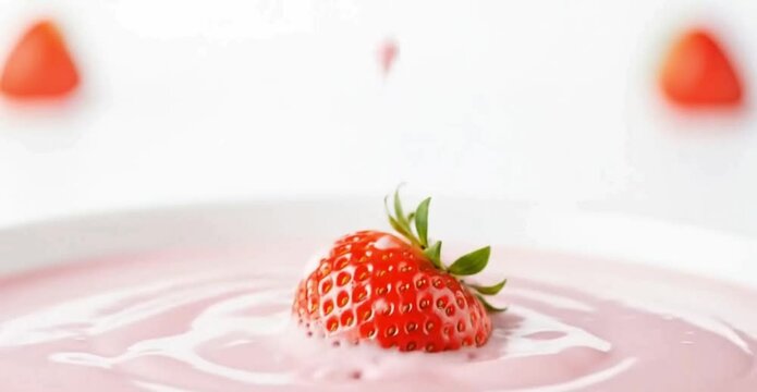 Strawberry falling into a creamy pool of strawberry yogurt. 