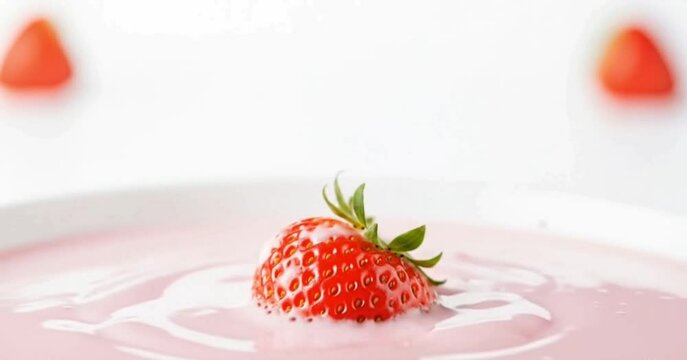 Strawberry falling into a creamy pool of strawberry yogurt. 