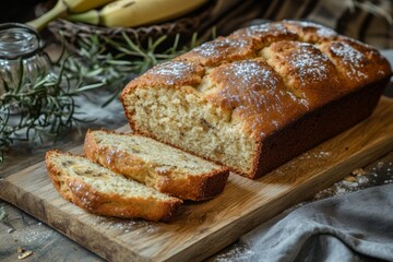 Freshly baked banana bread is beautifully sliced and presented on a wooden board, capturing the inviting essence of a rustic kitchen with natural light filtering through