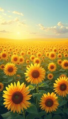 Vibrant sunflower field under golden sunset light. Blue sky with clouds frames vast expanse of blooming yellow sunflowers with green leaves. Illustration offers peaceful natural background perfect
