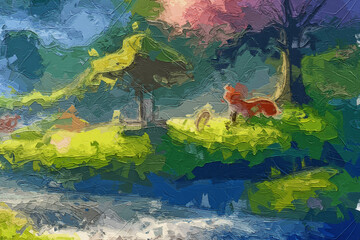 Fototapeta premium Various oil paintings, flowers, landscapes, waterfalls, forests, squirrels, animals, roses, peonies, flying birds