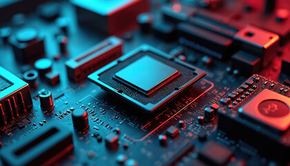 Close-up of disassembled graphics card showing GPU chip and thermal pads. Blue and red neon lighting illuminates complex circuitry, revealing intricate electronic components and connections.