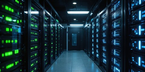 Obraz premium Cryptocurrency Mining - Data Centers and Mining Equipment An expansive view inside a cryptocurrency mining data center, filled with rows
