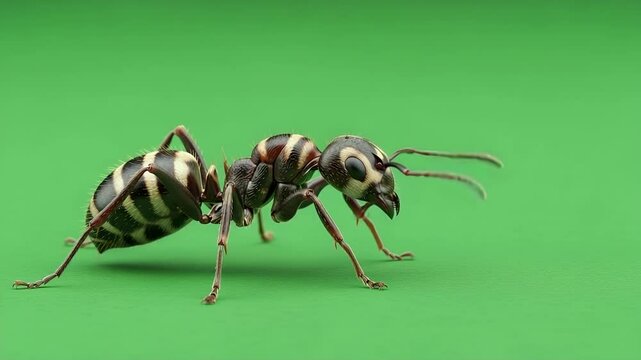 Zebra Ant on Green: Striking close-up of a zebra ant showcasing its distinctive black and white striped abdomen and powerful mandibles against a vibrant green backdrop.