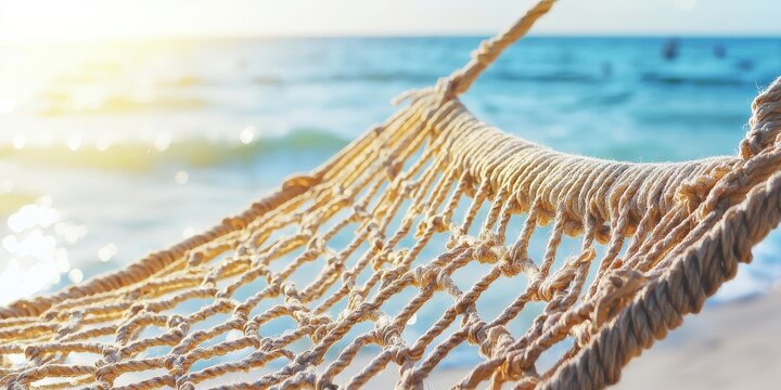 Summer vibes concept Hammock swaying by the beach, capturing a serene and relaxing seaside atmosphere.