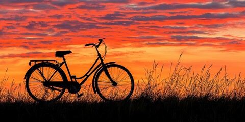 Summer vibes concept A bicycle silhouetted against a vibrant sunset sky, surrounded by grass.