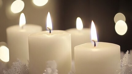 Warm Glow: Lit Candles with Bokeh Lights and Winter Decor