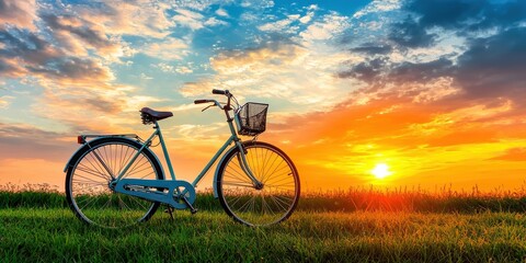 Fototapeta premium Summer vibes concept A bicycle rests in a grassy field under a vibrant sunset sky.