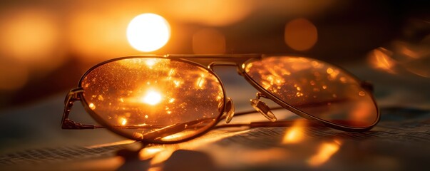 Summer vibes concept Sunglasses reflect a warm sunset, creating a captivating, glowing ambiance.