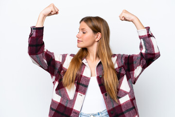 Young caucasian woman isolated on white background doing strong gesture