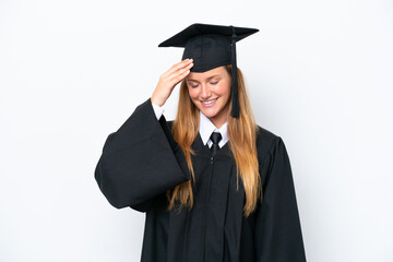 Young university graduate caucasian woman isolated on white background laughing