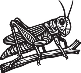 Detailed Line Art Illustration of a Grasshopper Perched on a Branch
