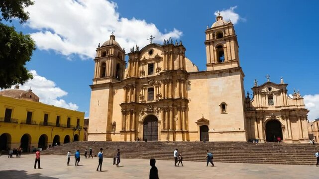 Magnificent View of a Church in San Cristobal de las Casas, Mexico, under a blue sky