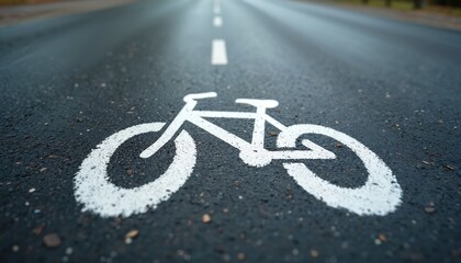 Obraz premium White bicycle symbol painted on asphalt road. Smooth surface, detailed marking indicates dedicated lane. Promotes cycling, eco-friendly transport, healthy urban commuting and road safety awareness.