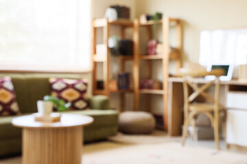 Cozy sofa, table, workplace and bookcases in interior of room. Blurred view