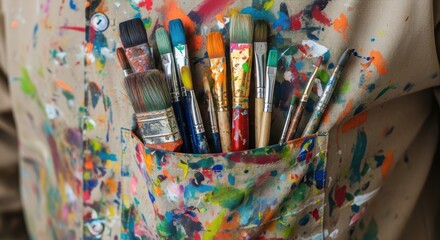 Colorful paint spattered apron with brushes showcasing artistic creativity