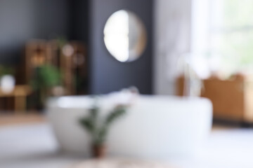 Blurred view of bathroom with bathtub, shelf unit and plants