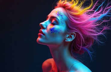 Vibrant portrait of woman with eyes closed, features colorful abstract paint splatters on face. Hair streams in neon pink, yellow, blue hues. Modern digital artwork embodies beauty, style, fantasy.