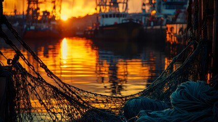 Dockyards and fishing gear in the sunset glow