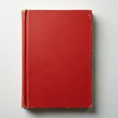 Closed red book with blank cover sits on white background. Vintage book textured paper leather cover, shows slight wear on spine, edges, suggesting age, use. Object perfect for themes of literature,