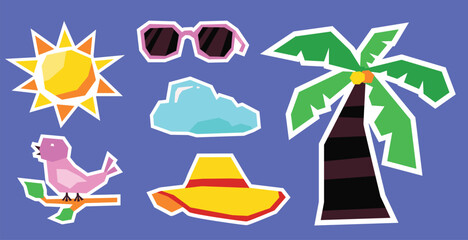 Naklejka premium Flat Color Summer Vacation Element Sticker Set with Soft Color in Cutout Style