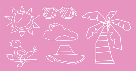 Minimal White Line Summer Vacation Elements Icon Set in Cutout Style